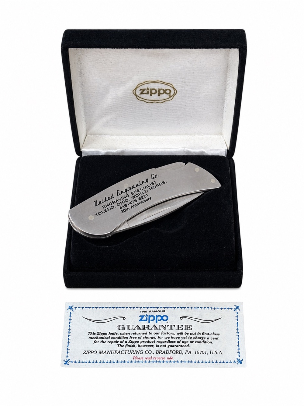 Vintage Zippo Stainless Folding Pocket Knife, United Engraving 30th Anniversary